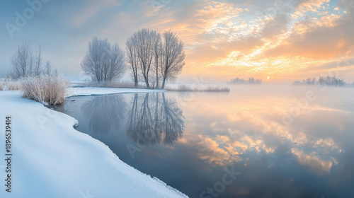 The tranquil beauty of a winter landscape is reflected in the calm water as the soft glow of the sunrise paints the sky with warm hues, creating a serene scene.