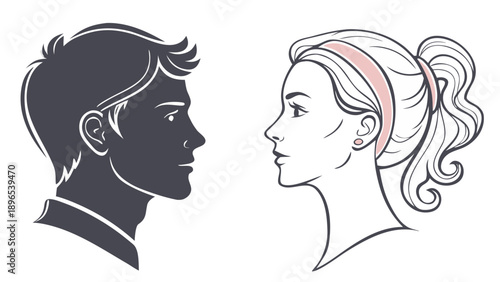 Silhouette of a man and woman facing each other - in trendy line style, line icons set, media, website, blog, content, web icon set, Vector illustration