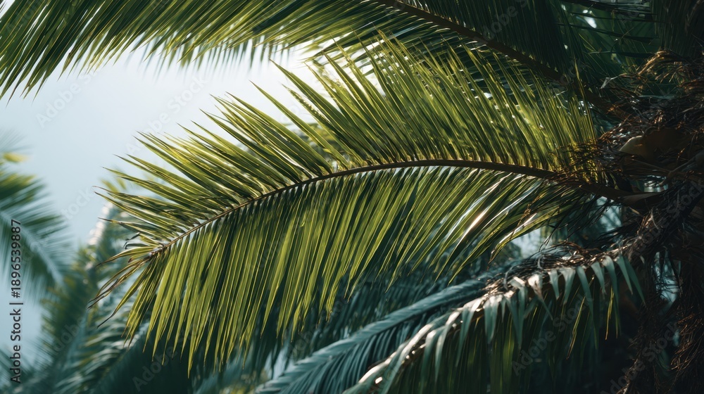 Fototapeta premium Sunlit palm leaves close-up with clear sky background.