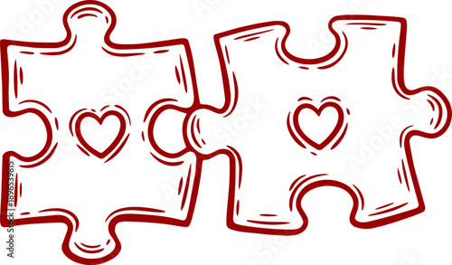 Two puzzle pieces with hearts inside, connected, love, relationship, valentines, engraving hand drawn illustration black white isolated vintage line art sketch silhouette graphic style poster label