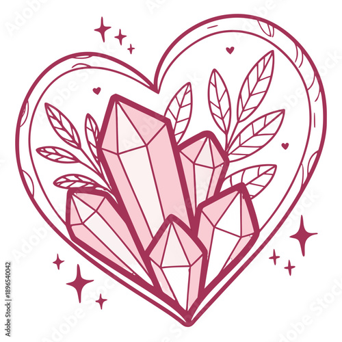 Rose Quartz Crystal Heart Vector – Pink Gemstones with Botanical Leaves, Romantic Valentine Day Line Art, Spiritual Healing Crystals Illustration, Aesthetic Love Symbol for Greeting Cards & Boho Style