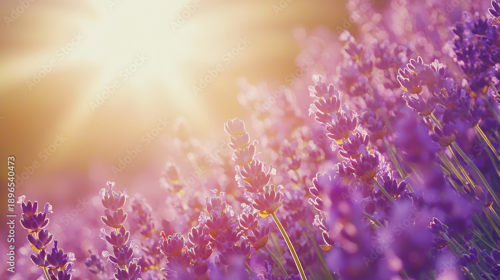 Fototapeta premium Radiant sunshine bathes a vibrant lavender field, illuminating the delicate purple blooms and creating a serene and picturesque scene of natural beauty.
