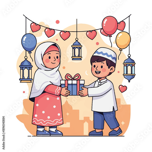 Children Exchanging Gifts with Joyful Expressions.