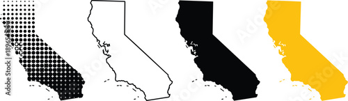 California state silhouette icon set, vector map styles, black outline, halftone pattern, solid fill, geographic design, USA shape