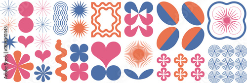 Colorful abstract shape icon set, geometric patterns, decorative motifs, vector illustration, symmetry design, flower heart star elements, graphic art