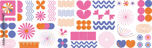 Colorful abstract floral and geometric icon set, vector symmetry design, decorative pattern elements, vibrant shapes, modern art, concentric motifs