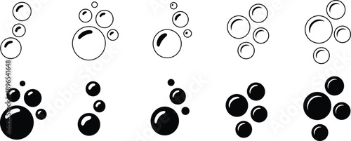 Bubble icon set, black and white vector, soap foam symbols, cleanliness concept, water theme, hygiene design, abstract graphic elements