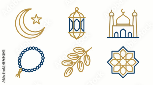 Ramadan Flat Vector Icon Set with Crescent Moon and Islamic Symbols