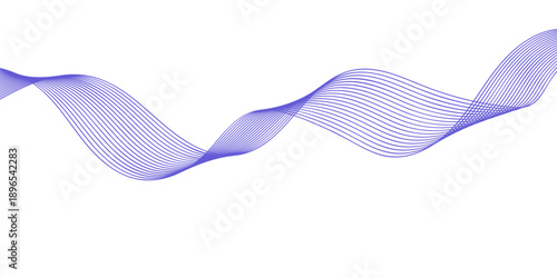 An isolated blue satin ribbon with a wave design forms a curved vector line pattern against a white background backdrop for digital art and business web concepts