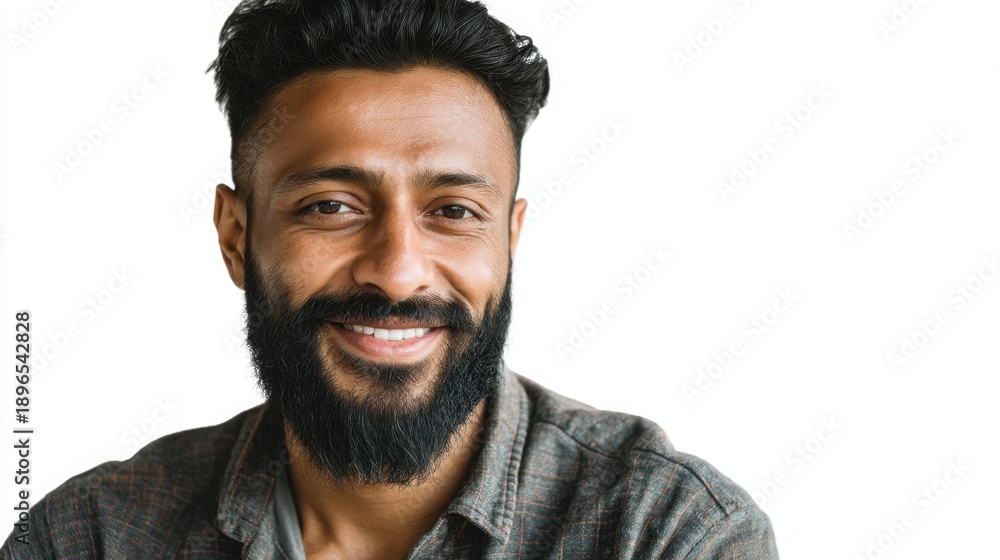 Obraz premium Young adult hispanic male smiling with beard on white background.