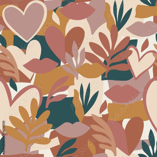 Seamless vector pattern featuring hand-drawn organic hearts, lips, and tropical leaves in an earthy palette of terracotta, mustard, and teal. Ideal for eco-friendly branding and textile design.