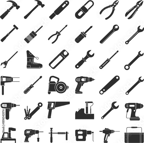 Black silhouette icons of hand tools and power equipment including hammers, wrenches, screwdrivers, and drills for carpentry, home repair, industrial maintenance, and construction, vector