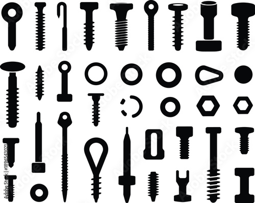 Black silhouette icons of industrial bolts, screws, nuts, and metal fasteners for mechanical engineering, construction hardware, technical repair, and maintenance equipment vector set