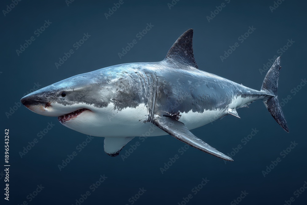 Obraz premium View of a white shark gliding through the ocean depths showcasing its streamlined body and powerful fins at midday in clear waters