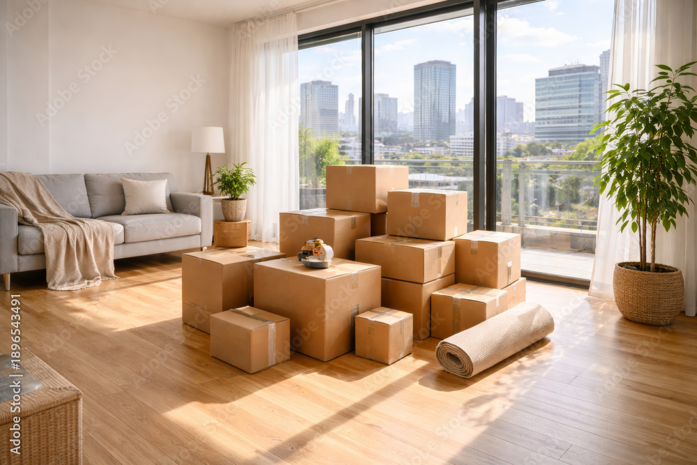 Fototapeta premium Cozy living room filled with moving boxes and bright light