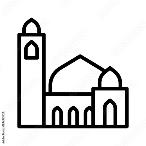 Black line icon mosque. Minimalist islamic ramadan outline icon isolated background.