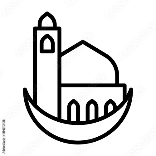 Black line icon mosque on moon. Minimalist islamic ramadan outline icon isolated background.