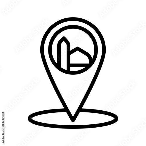 Black line icon mosque location. Minimalist islamic ramadan outline icon isolated background.
