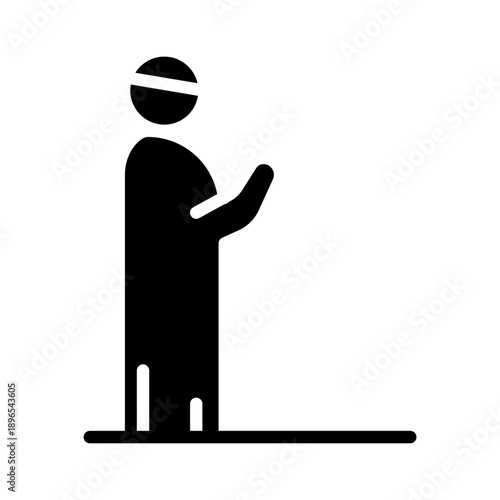 Black solid icon muslim prayer. Minimalist islamic ramadan silhouette icon isolated background.