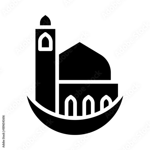 Black solid icon mosque on moon. Minimalist islamic ramadan silhouette icon isolated background.