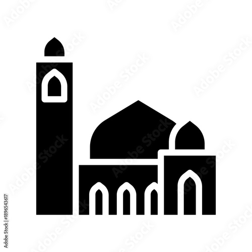 Black solid icon mosque. Minimalist islamic ramadan silhouette icon isolated background.