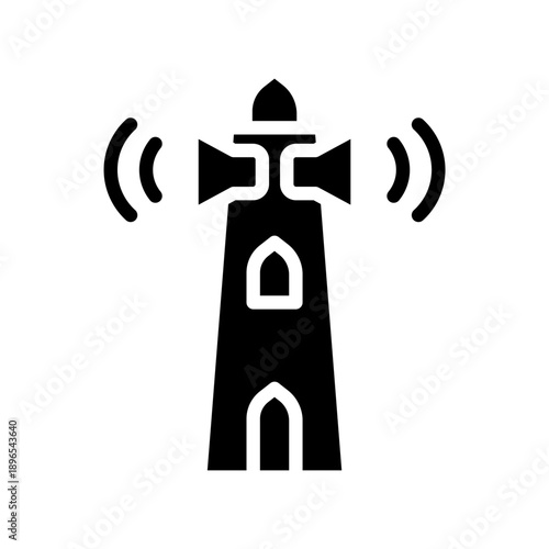 Black solid icon mosque tower azan. Minimalist islamic ramadan silhouette icon isolated background.