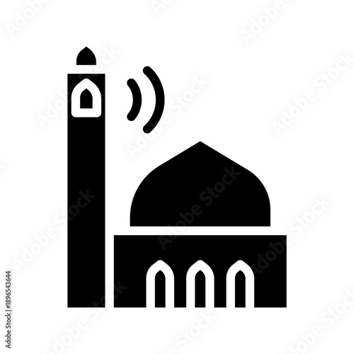 Black solid icon azan mosque. Minimalist islamic ramadan silhouette icon isolated background.