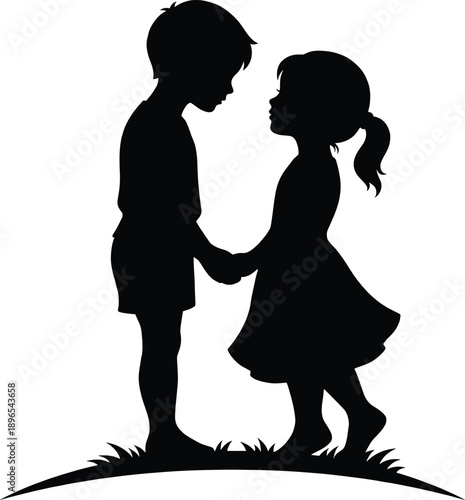 Silhouette of cute little boy and girl standing and holding hands together vector