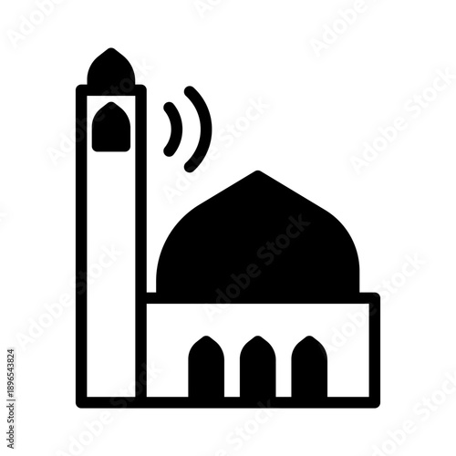 Black icon azan mosque. Minimalist islamic ramadan silhouette icon isolated background.