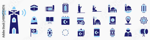 Islamic Ramadan Icon set. Containing kabah, prayer mat, mosque, ramadan lantern, azan, quran, islamic ornament, bedug, prayer beads and more. Icon collection Solid blue.
