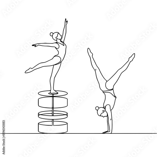 Equilibrium balance concept circus performers black line vector on white background