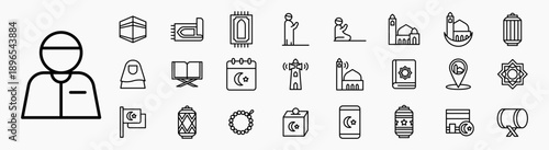 Islamic Ramadan Icon set. Containing kabah, prayer mat, mosque, ramadan lantern, azan, quran, islamic ornament, bedug, prayer beads and more. Icon collection outline black.