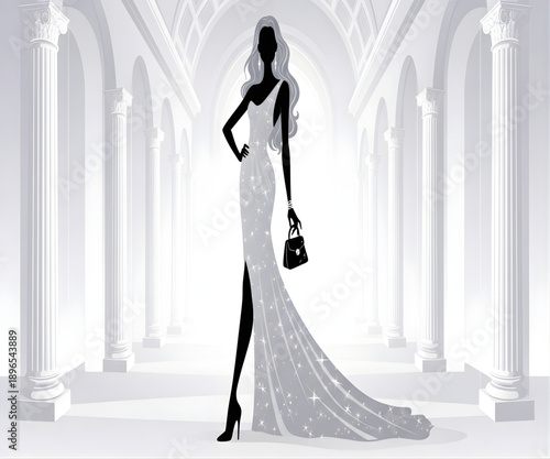 Woman in elegant white gown in luxury hall
