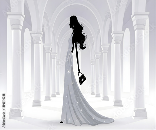 Woman in elegant white gown in luxury hall