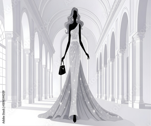 Woman in elegant white gown in luxury hall