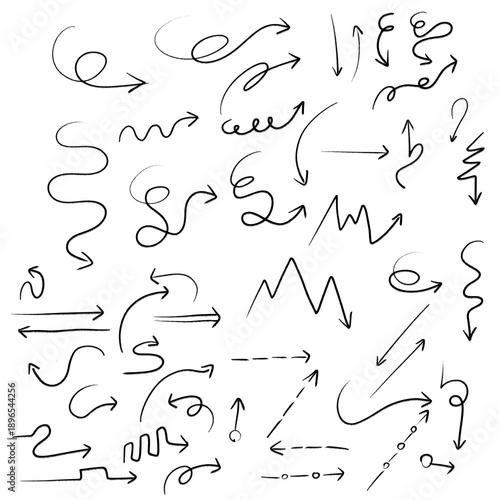 Coleção de flechas à mão livre com formas sinuosas, retas e pontilhadas, traços finos e grossos em preto e cinza, perfeitas para projetos criativos e layouts modernos. Alta nitidez. 