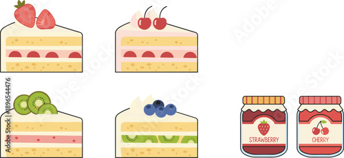 Fruit Cake Slices and Jam Jars Collection with Strawberry Cherry Kiwi and Blueberry Vector Illustration