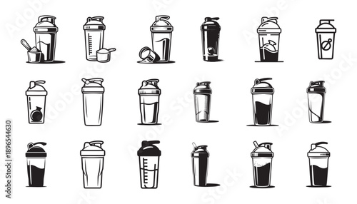 Black and white protein shaker bottle line icon set. Collection of gym drink containers, fitness shaker cups and sports nutrition bottles. Ideal for fitness apps, gym branding, nutrition projects, UI 