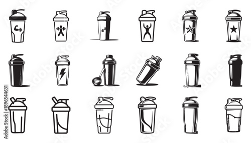 Black and white protein shaker bottle line icon set. Collection of gym drink containers, fitness shaker cups and sports nutrition bottles. Ideal for fitness apps, gym branding, nutrition projects, UI 