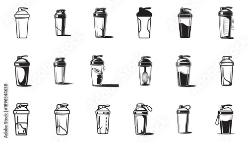 Black and white protein shaker bottle line icon set. Collection of gym drink containers, fitness shaker cups and sports nutrition bottles. Ideal for fitness apps, gym branding, nutrition projects, UI 