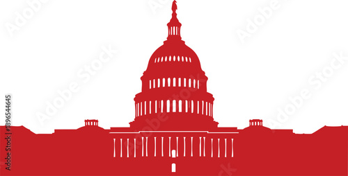 The United States Capitol Building in a striking red illustration from a frontal perspective