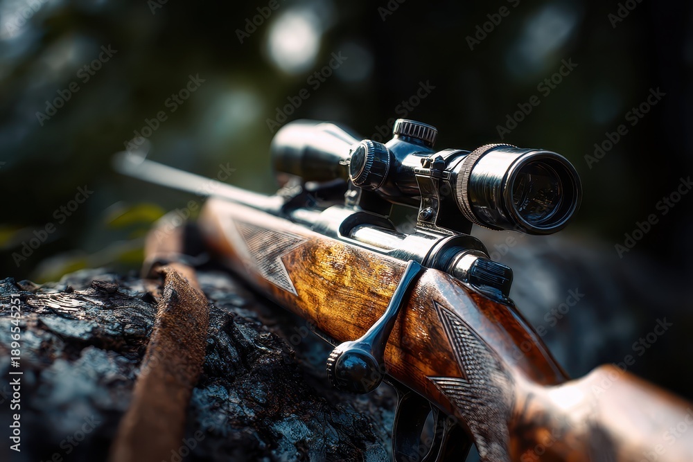 Fototapeta premium Hunting rifle resting on a log after firing during a morning hunt in the forest, showcasing craftsmanship and the aftermath of a successful shot