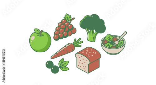 Assorted fresh fruits and vegetables with bread.