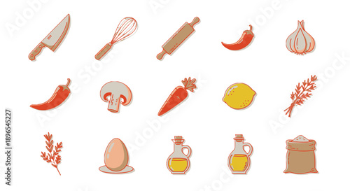 Assorted kitchen ingredients and cooking utensils illustration.