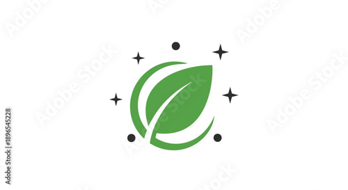Green leaf logo with sparkles and dots.