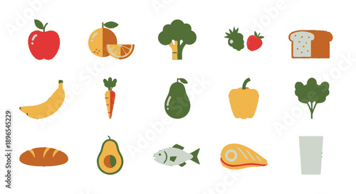 Assorted healthy food icons including fruits, vegetables, fish, and dairy products.
