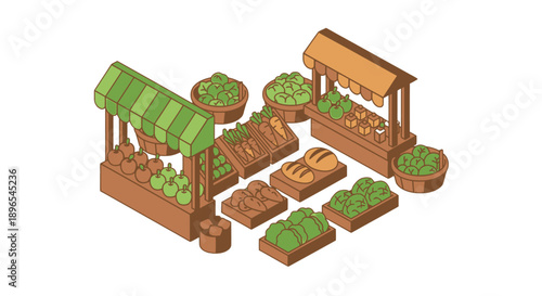 Isometric illustration of a vibrant farmers market scene with wooden stalls and fresh produce.