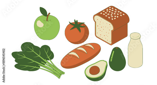 Assorted healthy food items including fruits and dairy products.