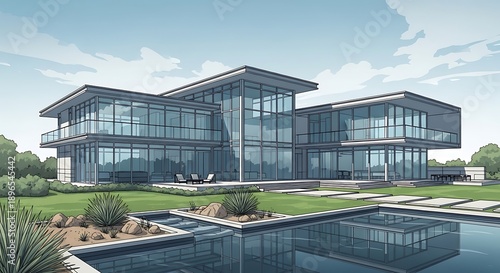 Modern house with large glass windows.