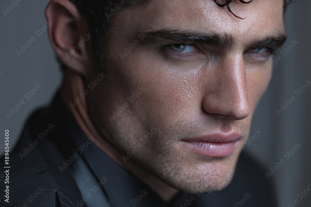 Obraz premium Confident handsome man with striking features and an intense gaze posing against a neutral background in a sophisticated and elegant manner